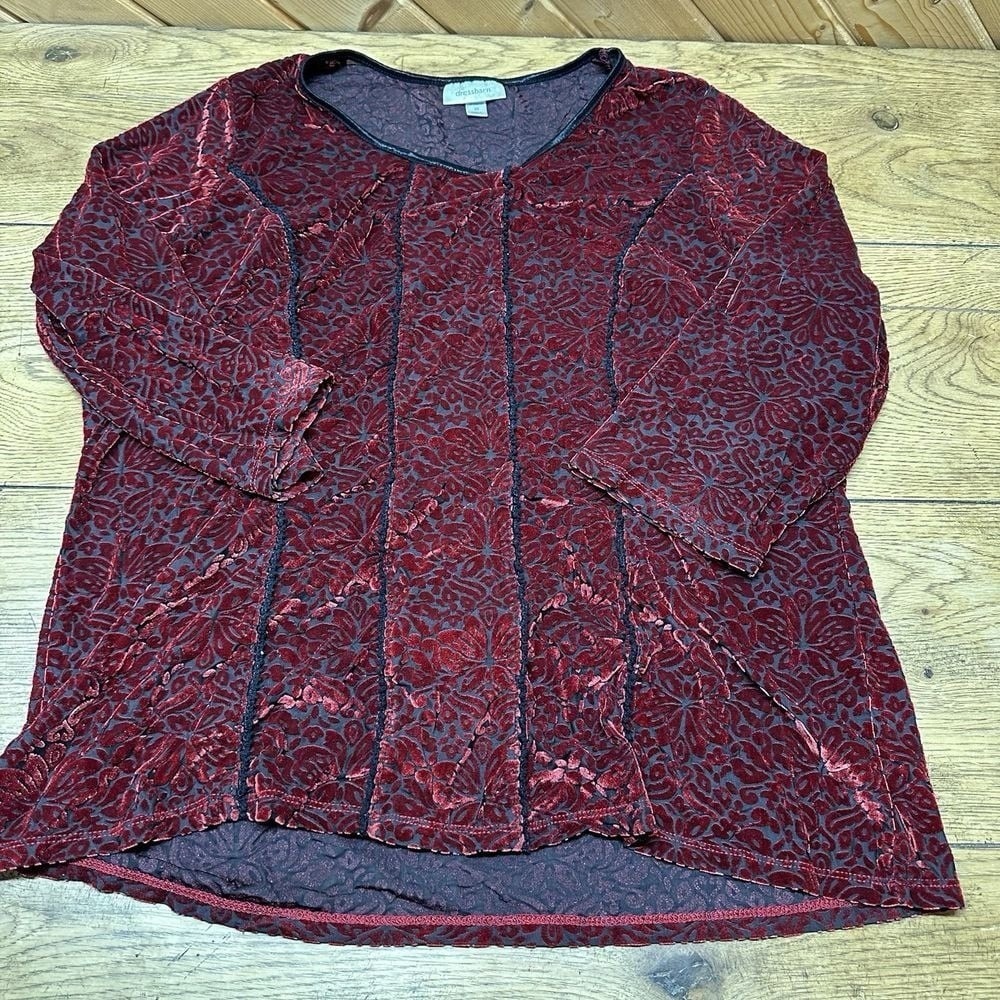 Dressbarn Womens Top‎ 2XL Red Black Floral Blouse Whimsygoth Vamp Fairy Burnout